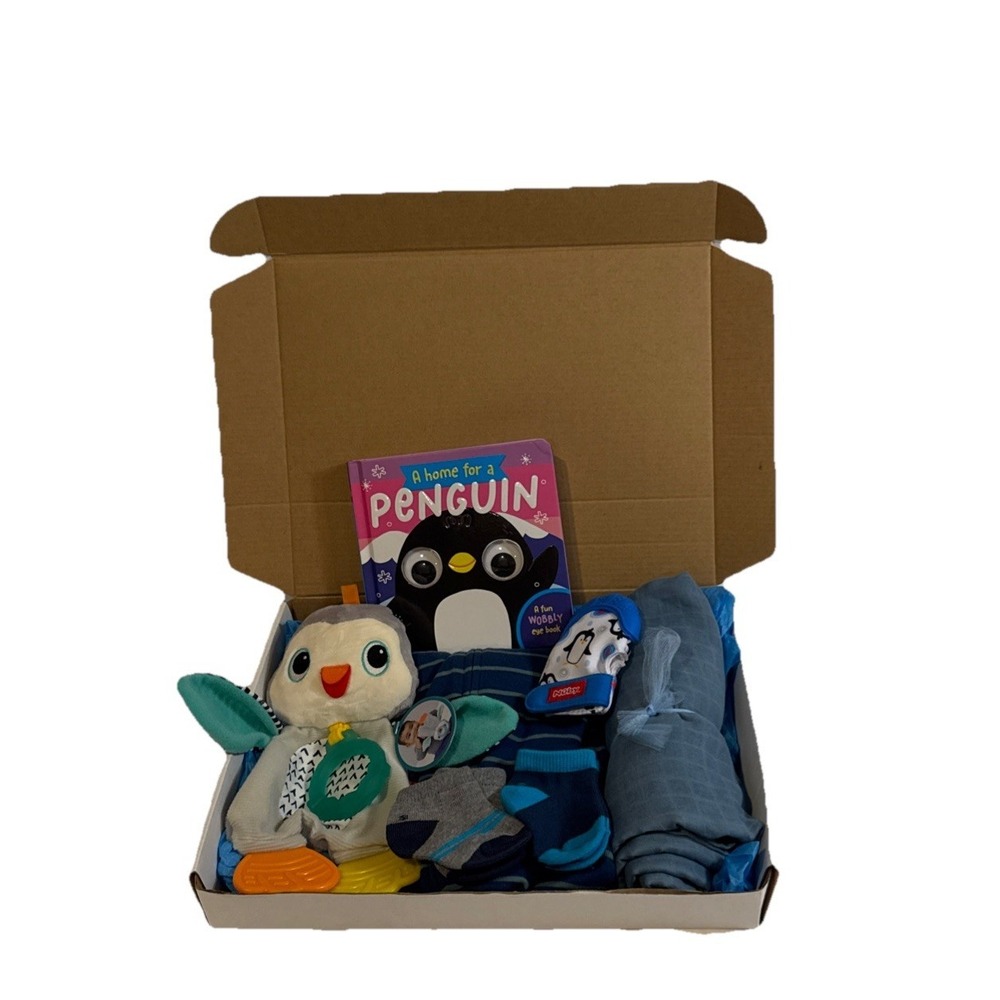 Baby Shower Animals Themed Gift Box, Penguin Book, Lovey Toy, Blanket & Clothes